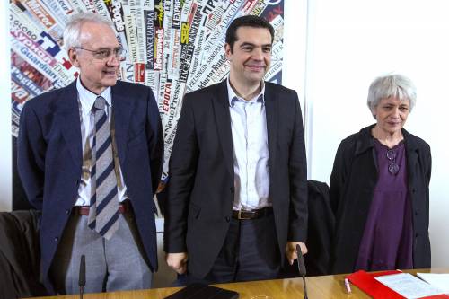 Alexis Tsipras con Paolo Flores D'Arcais e Barbara Spinelli