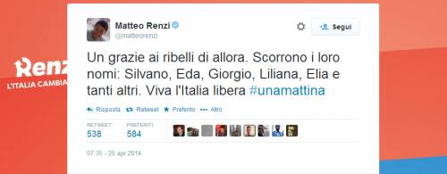 25 Aprile, Renzi: "Viva l'Italia libera. Grazie ai ribelli di allora"