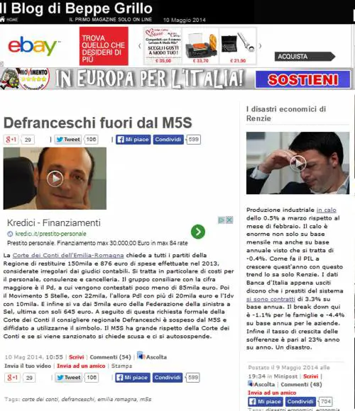 Rimborsi ai partiti, Grillo espelle consigliere regionale Emilia Romagna