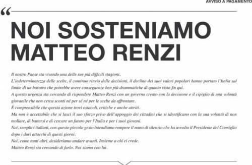 Pagina a pagamento sul Corriere della Sera: "Noi sosteniamo Renzi"