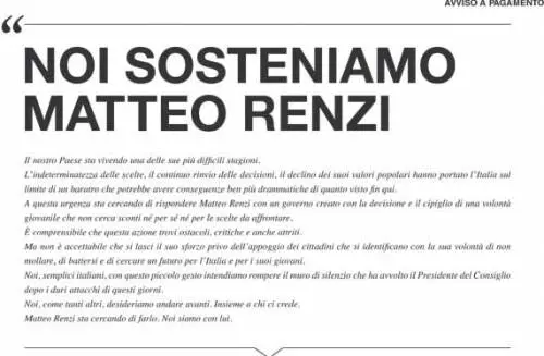 Pagina a pagamento sul Corriere della Sera: "Noi sosteniamo Renzi"