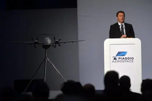 L'intervento del premier Matteo Renzi alla cerimonia d'inaugurazione dello stabilimento Piaggio Aerospace a Villanova d'Albenga