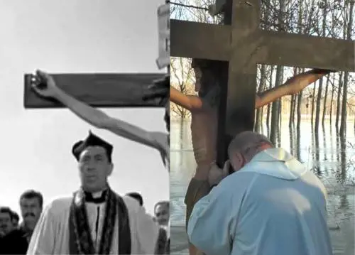 Don Camillo in uno dei film della serie, con l'acqua del Po in chiesa