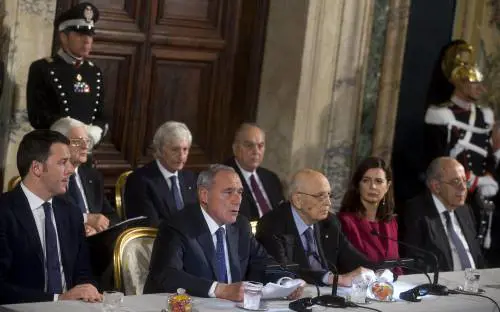 Il presidente della Repubblica Napolitano con Grasso, Boldrini e Renzi