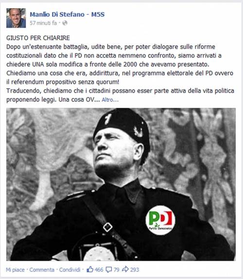 Il post del grillino Di Stefano:"Il Pd di Renzi è il nazismo formato XXI secolo"
