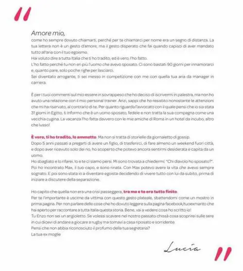 Arriva la risposta della moglie infedele alla lettera di Enzo sul Corsera