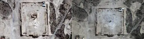 Nell'immagini, il tempio di Bel prima e dopo la distruzione da parte dell'Isis