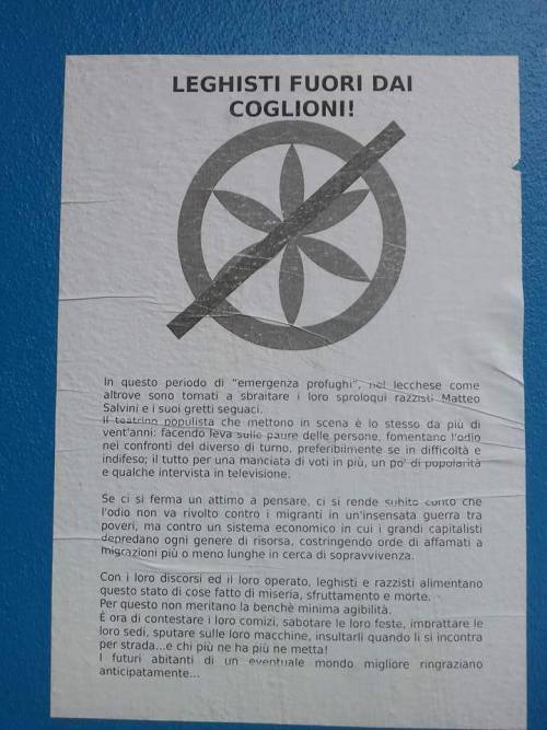 Il volantino contro la Lega Nord: "Fuori dai cogl... Sputiamogli contro"