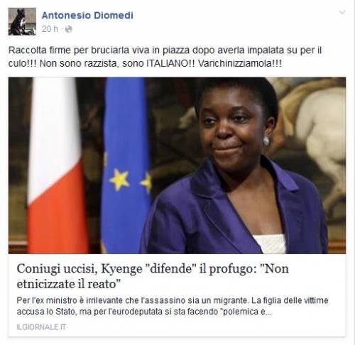 "La Kyenge? Bruciamola viva e varichinizziamola"