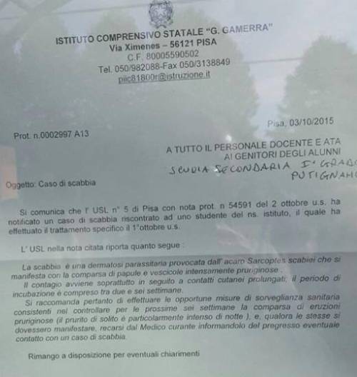 Pisa, denuncia della Lega: "Caso di scabbia a scuola"