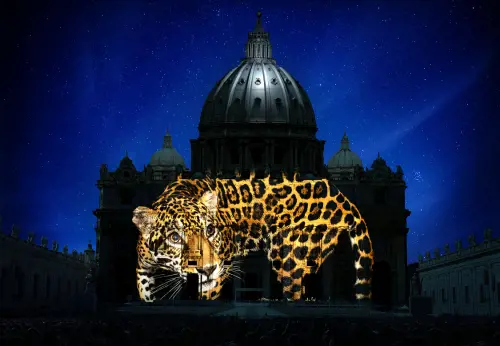 Leopard projected on St. Peter's Basilica. Photography by Joel Sartore. Artistic rendering by Obscura Digital
