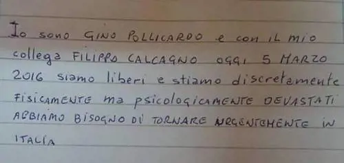 Il giallo del bigliettino scritto da uno dei due italiani rapiti in Libia