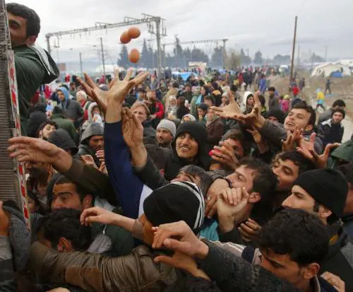 Distribuzione di cibo ai migranti nel campo di Idomeni, al confine greco-macedone