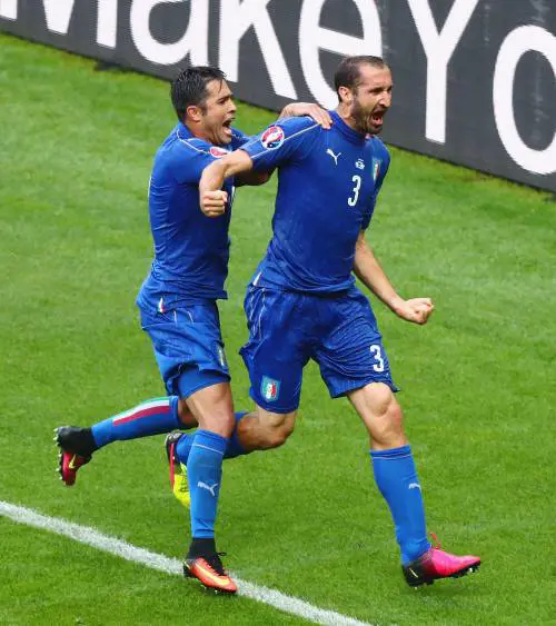 Chiellini ed Eder esultano dopo il gol dell'1-0