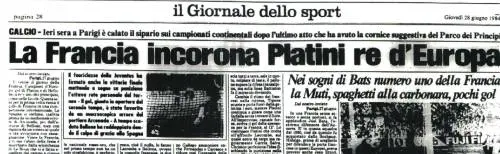 Sopra, il gol di Platini nella finale con la Spagna. Sotto, il Giornale celebra così il successo della Francia