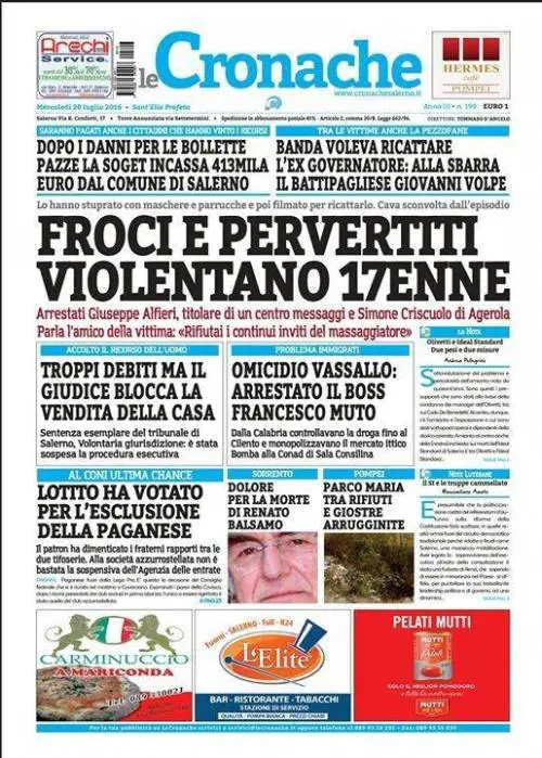 "Froci e pervertiti violentano 17enne" Polemica per il titolo