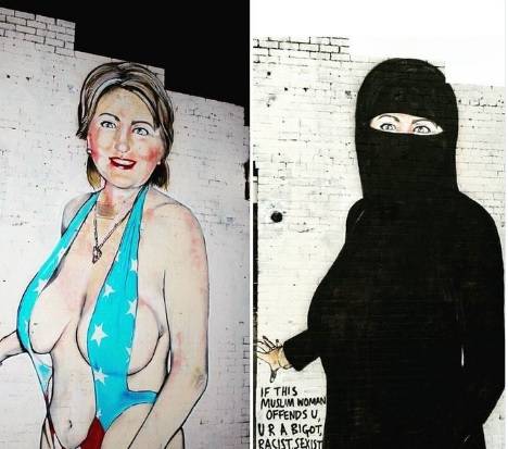 Murales della Clinton in bikini "censurato" con un velo islamico