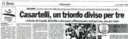 La pagina dello Sport del «Giornale» che celebra la vittoria di Fabio Casartelli alle Olimpiadi di Barcellona del 1992