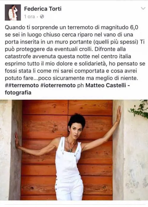 La foto postata da Federica Torti con le istruzioni su come comportarsi in caso di terremoto