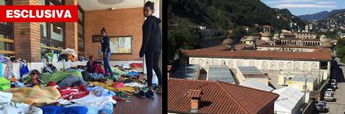 A sinistra i migranti alla stazione; a destra il campo della Croce Rossa