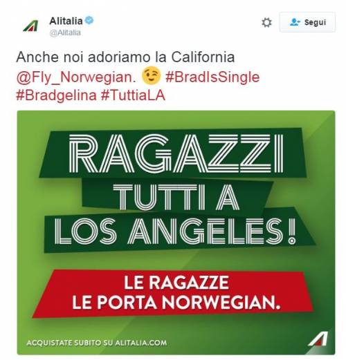 Alitalia risponde alla Norwegian: "Ragazzi tutti a Los Angeles"