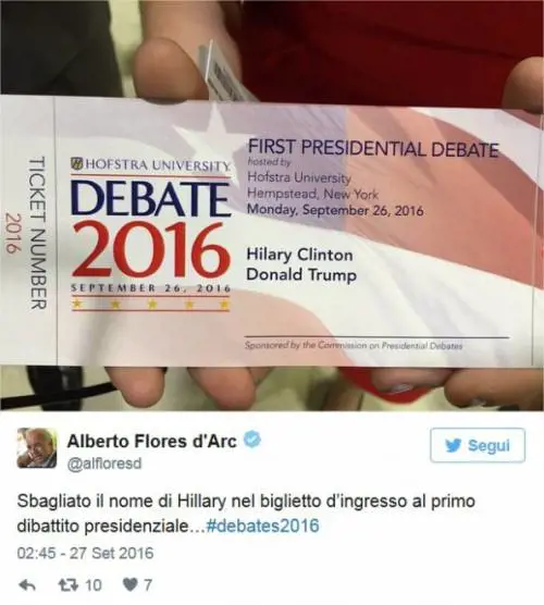 Nome di Hillary Clinton sbagliato sul biglietto per il dibattito