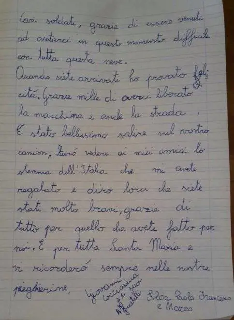 Emergenza neve, lettera di un bimbo ai soldati: "Che felicità quando siete arrivati"