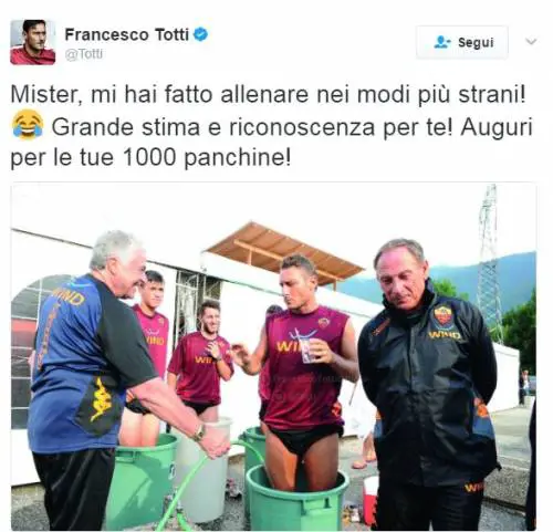 Zeman a mille, gli auguri di Totti: "Mi hai fatto allenare così"