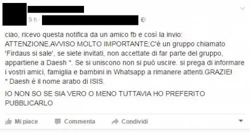 "Quel gruppo WhatsApp è dell'Isis, non entrate". Ma è una bufala