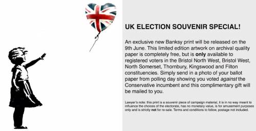 L'ultima provocazione di Banksy: un'opera gratis a chi vota contro i Tories