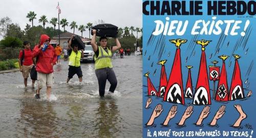 Charlie Hebdo su Harvey: "Dio esiste: ha annegato i neonazisti in Texas"