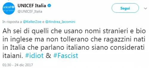 Idiota e Fascista: così Unicef definisce chi è contro lo ius soli