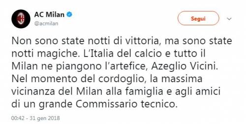 Scomparsa Vicini: il cordoglio di Milan, Inter e di altri club di Serie A