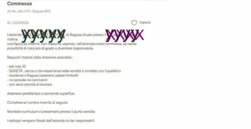 Ragusa, annuncio di lavoro choc: "Cercasi commessa single"