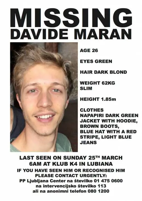 Slovenia, sparito lo studente italiano Davide Maran