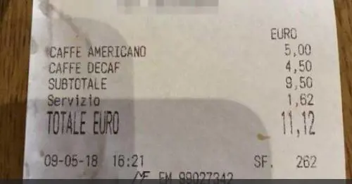 Salasso sullo scontrino: 11 euro per due caffè