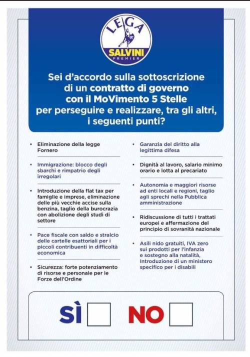 Referendum sul contratto: nella scheda della Lega spariti i punti dei grillini