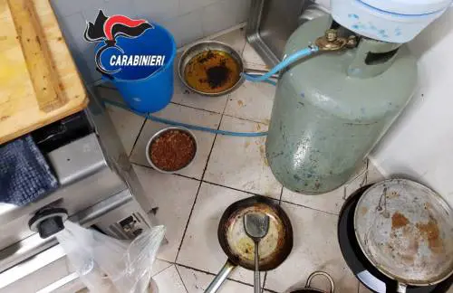 Nel ristorante etnico cucina sporca, utensili a terra e alimenti mal conservati