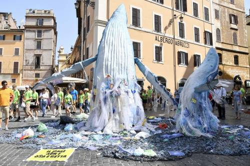 Davanti al Pantheon spuntano due balene: la protesta di Greenpeace