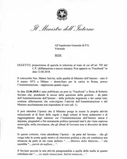 La querela di Salvini a Saviano