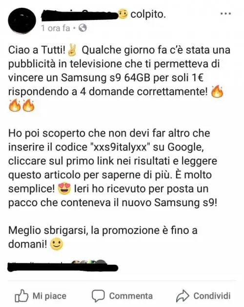 "Scrivi xregalos9x, Samsung gratis". Attenzione alla bufala su Facebook