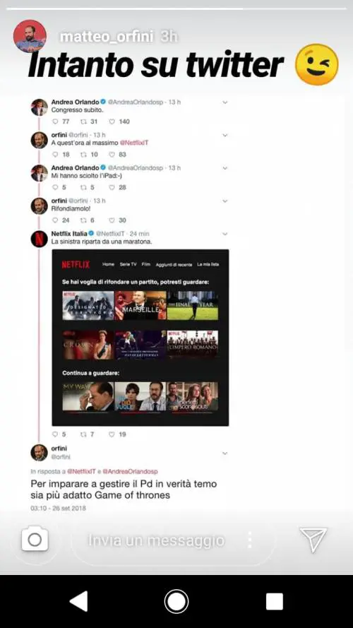 Pd, Netflix consiglia a Orlando e Orfini di ripartire da una maratona