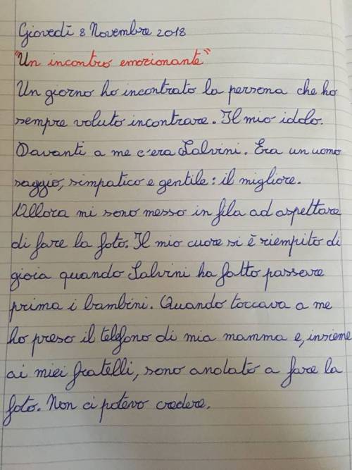 Il tema di un bambino: "Salvini è il mio idolo. Uomo saggio e gentile"