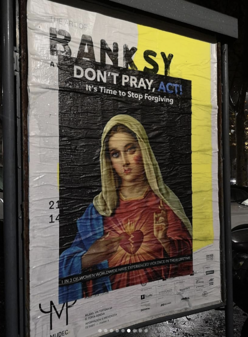 Milano, poster choc contro la violenza sulle donne: la Madonna con un occhio nero