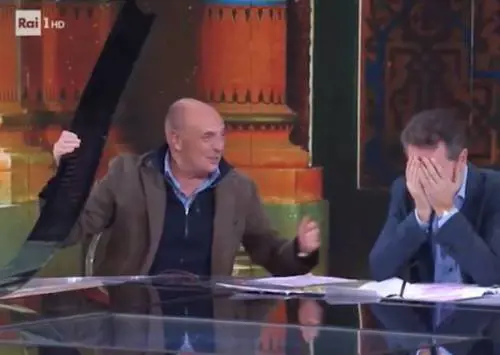 Che fuori che tempo che fa, Brosio tira un pugno e spacca la scenografia. Fazio si dispera