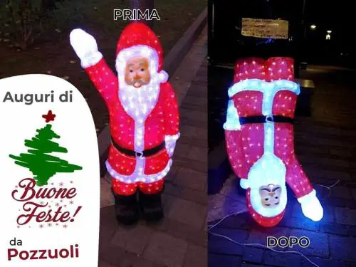 Pozzuoli, la sinistra mette a testa in giù un Babbo Natale "fascista"