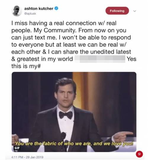 Ashton Kutcher pubblica il suo numero su Twitter: “mi manca il contatto diretto con le persone”