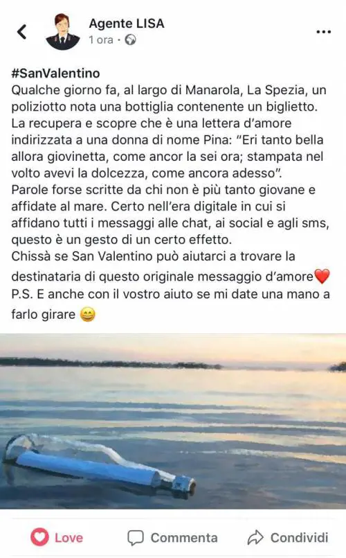Il San Valentino della polizia: quel messaggio d'amore trovato dentro la bottiglia in mare