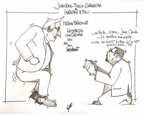 La vignetta del giorno -  Fazio intervista Juncker. Lo supplica in ginocchio