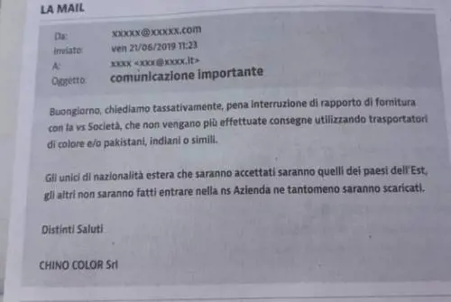 Mail choc di un'azienda: "No a corrieri di colore o indiani"